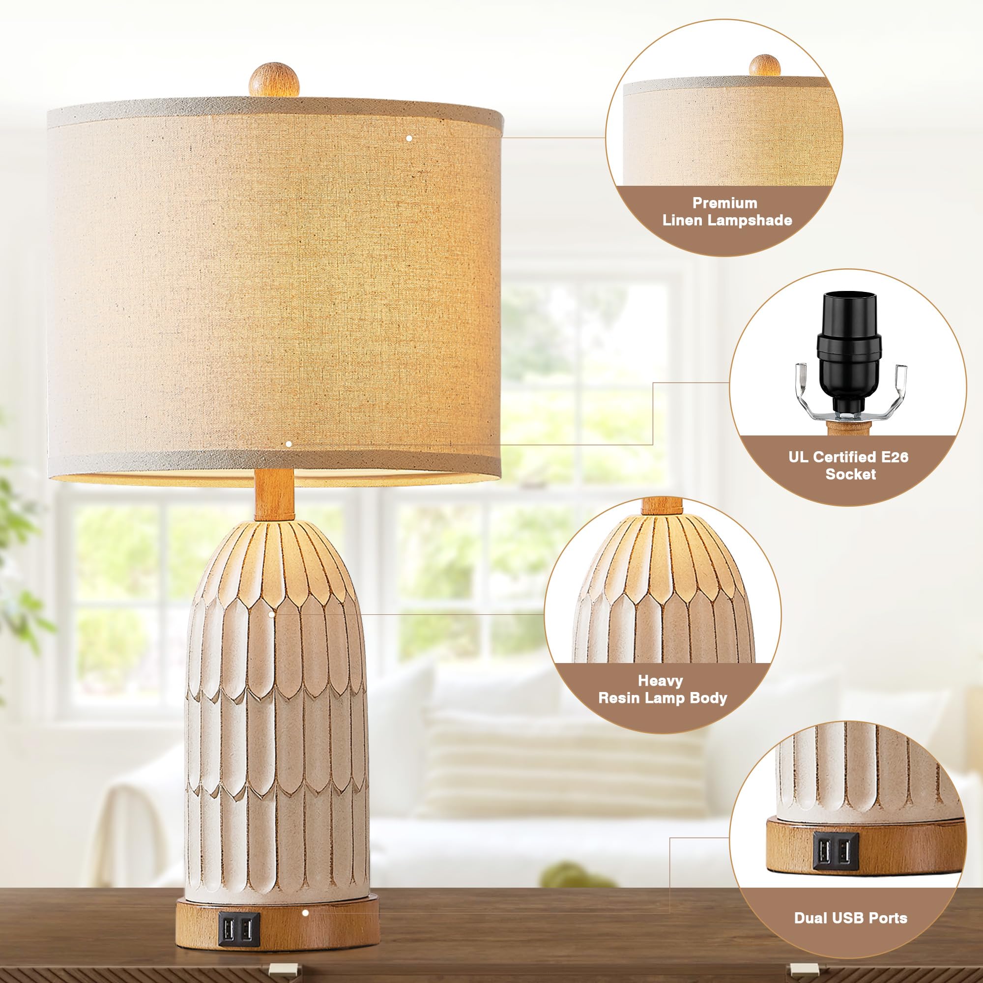Cinkeda vintage-white resin lamp body blends rustic charm with modern bedside function.