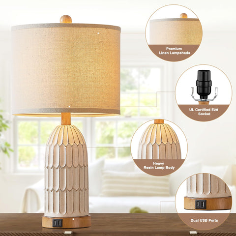 Cinkeda vintage-white resin lamp body blends rustic charm with modern bedside function.