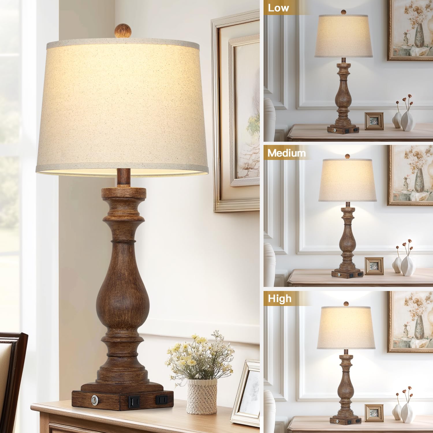 Cinkeda brown finish bedside lamps add warm, classic style to bedrooms.