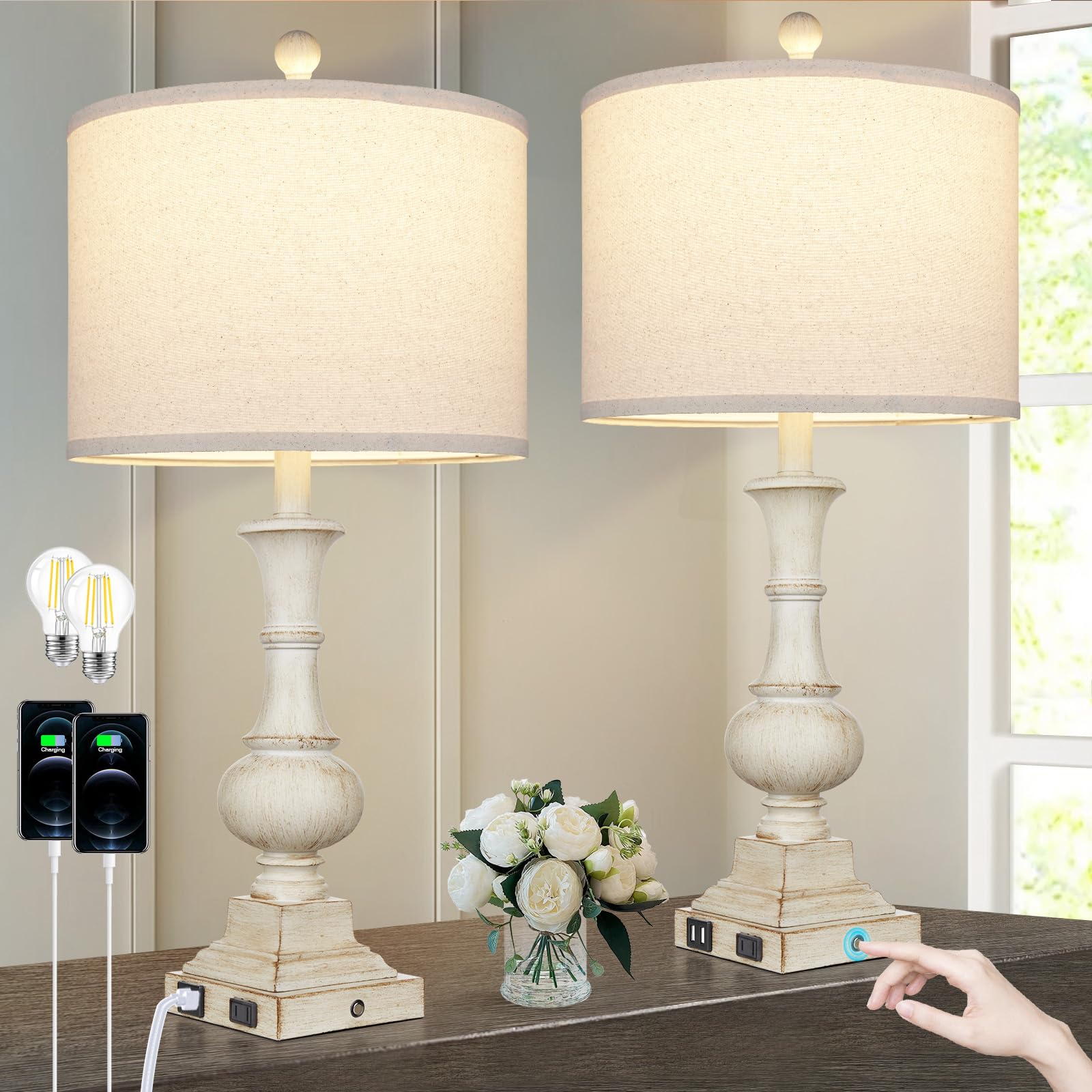 Cinkeda farmhouse table lamp set with resin base and linen shade enhances rustic living spaces