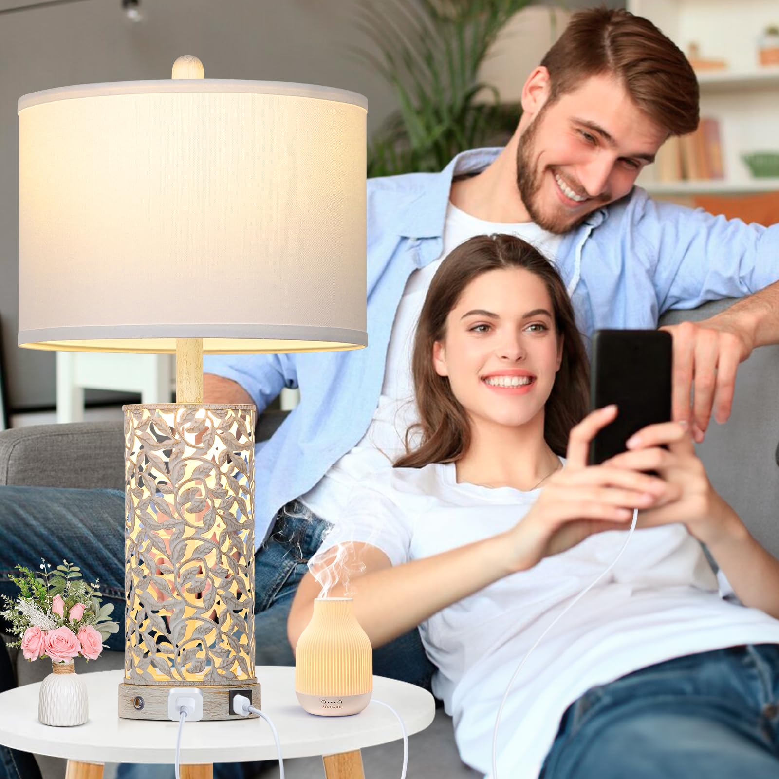 Cinkeda Morden Farmhouse table lamp dual USB ports keep devices charged at night