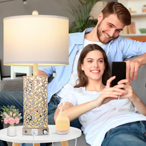 Cinkeda Morden Farmhouse table lamp dual USB ports keep devices charged at night