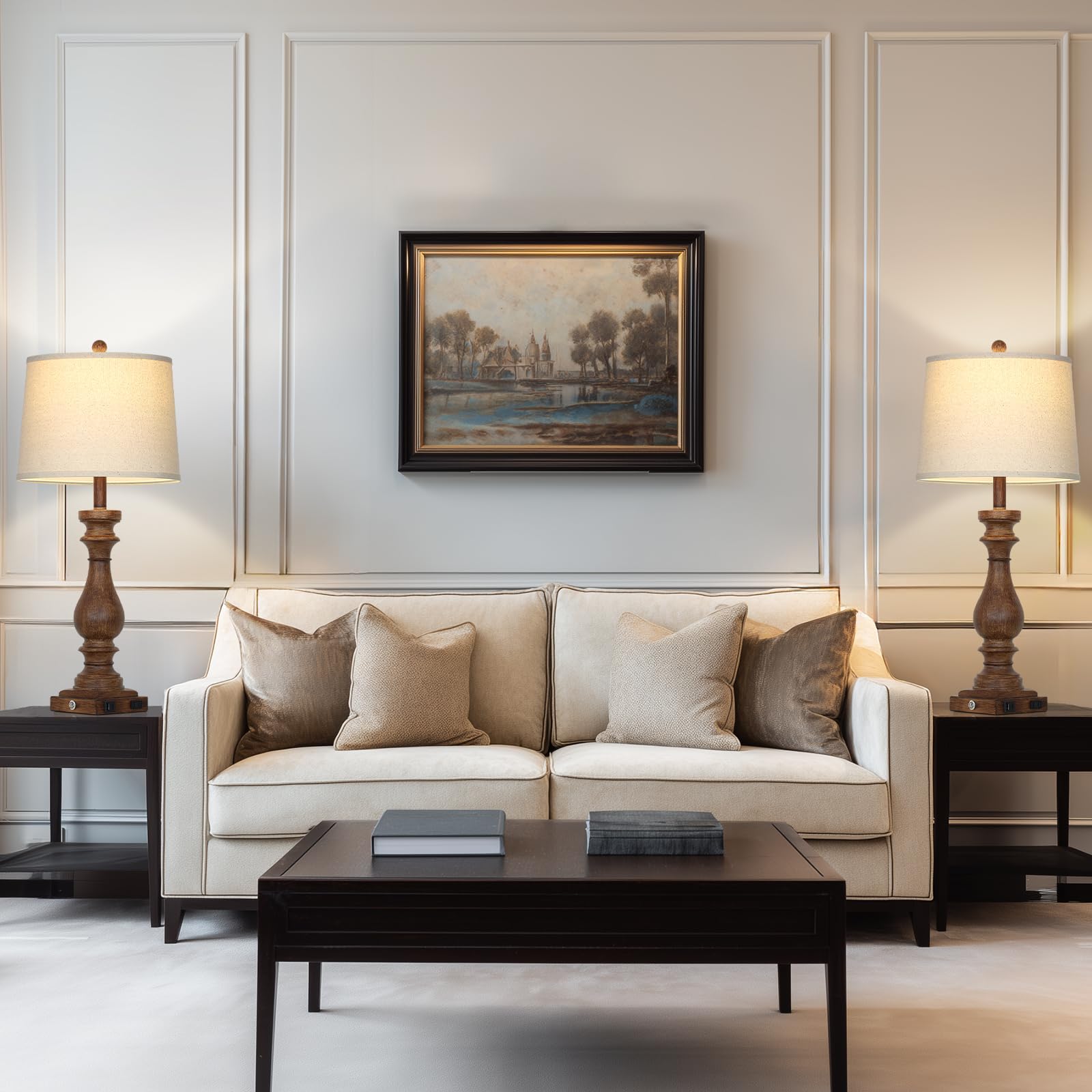 Cinkeda soft-shade table lamps provide ambient lighting for living rooms.