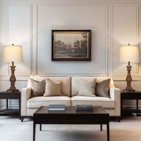 Cinkeda soft-shade table lamps provide ambient lighting for living rooms.