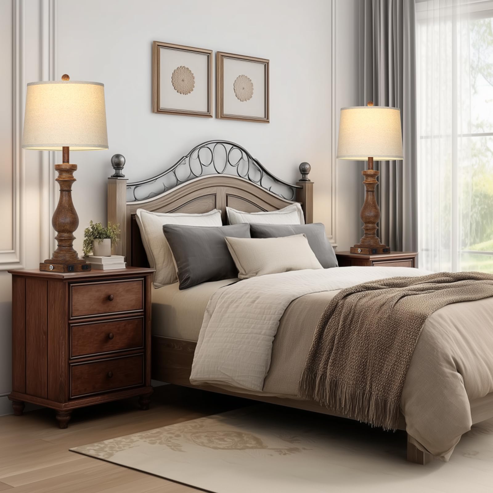 Cinkeda lamps with USB-C A ports and AC outlet support easy device charging.