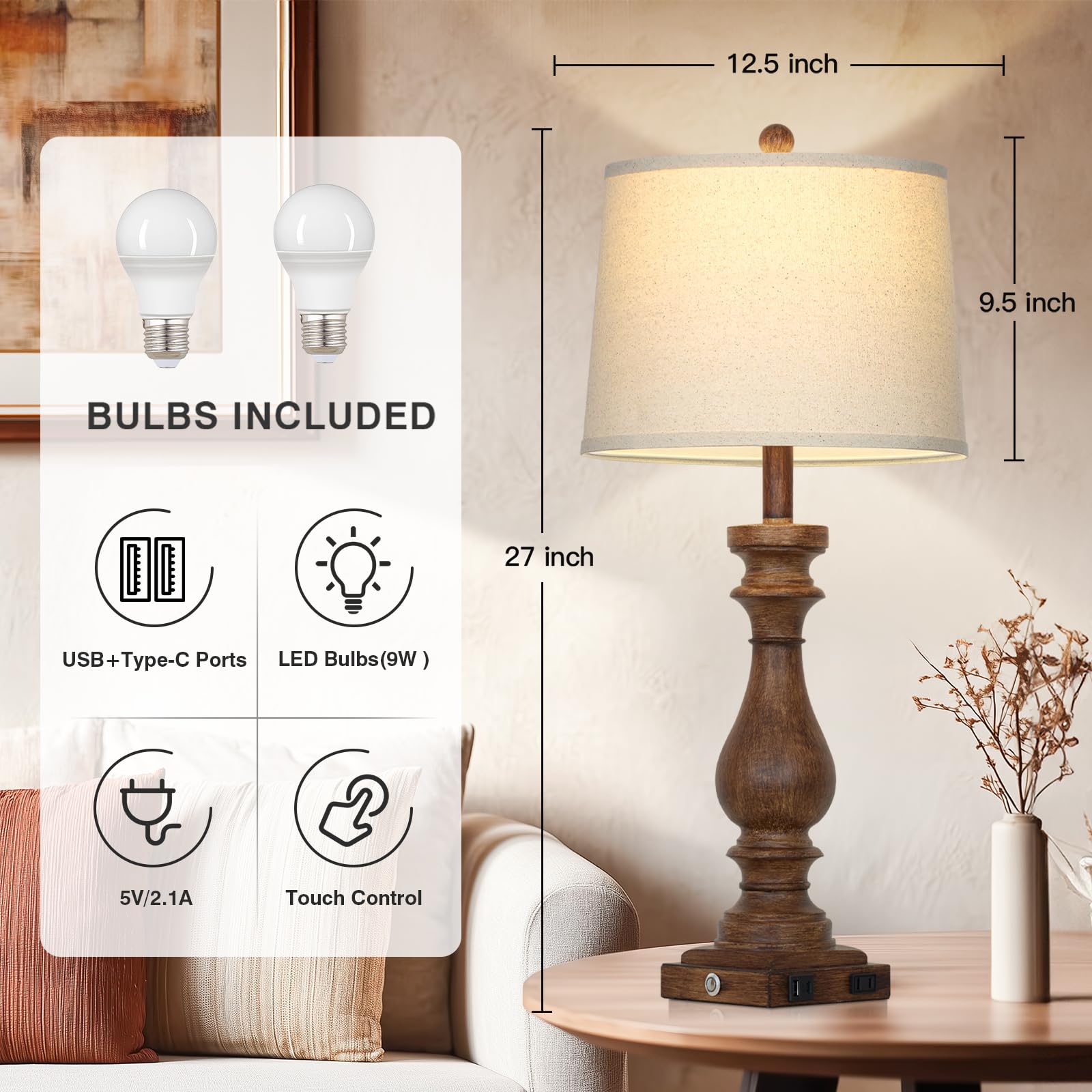 Cinkeda vintage retro nightstand lamps with USB-C A ports for convenient bedside charging.