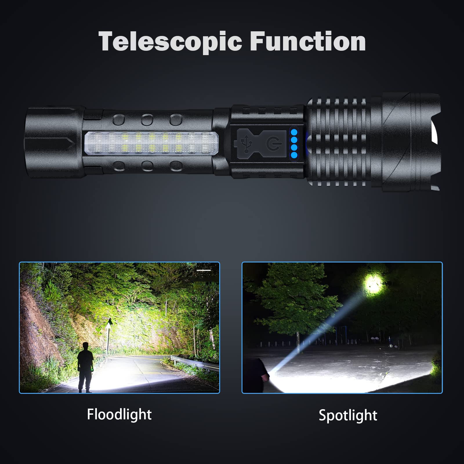 Cinlinso flashlight adjustable head demonstrates beam distance control.