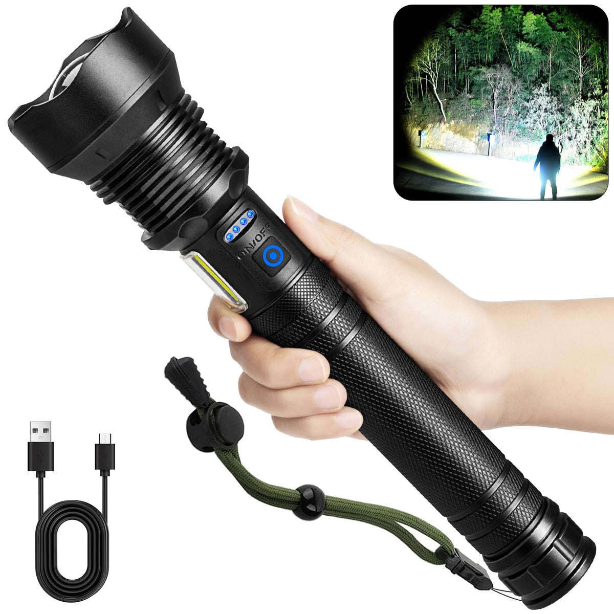 Cinlinso flashlight beam at 99,000 lumens for wide outdoor visibility
