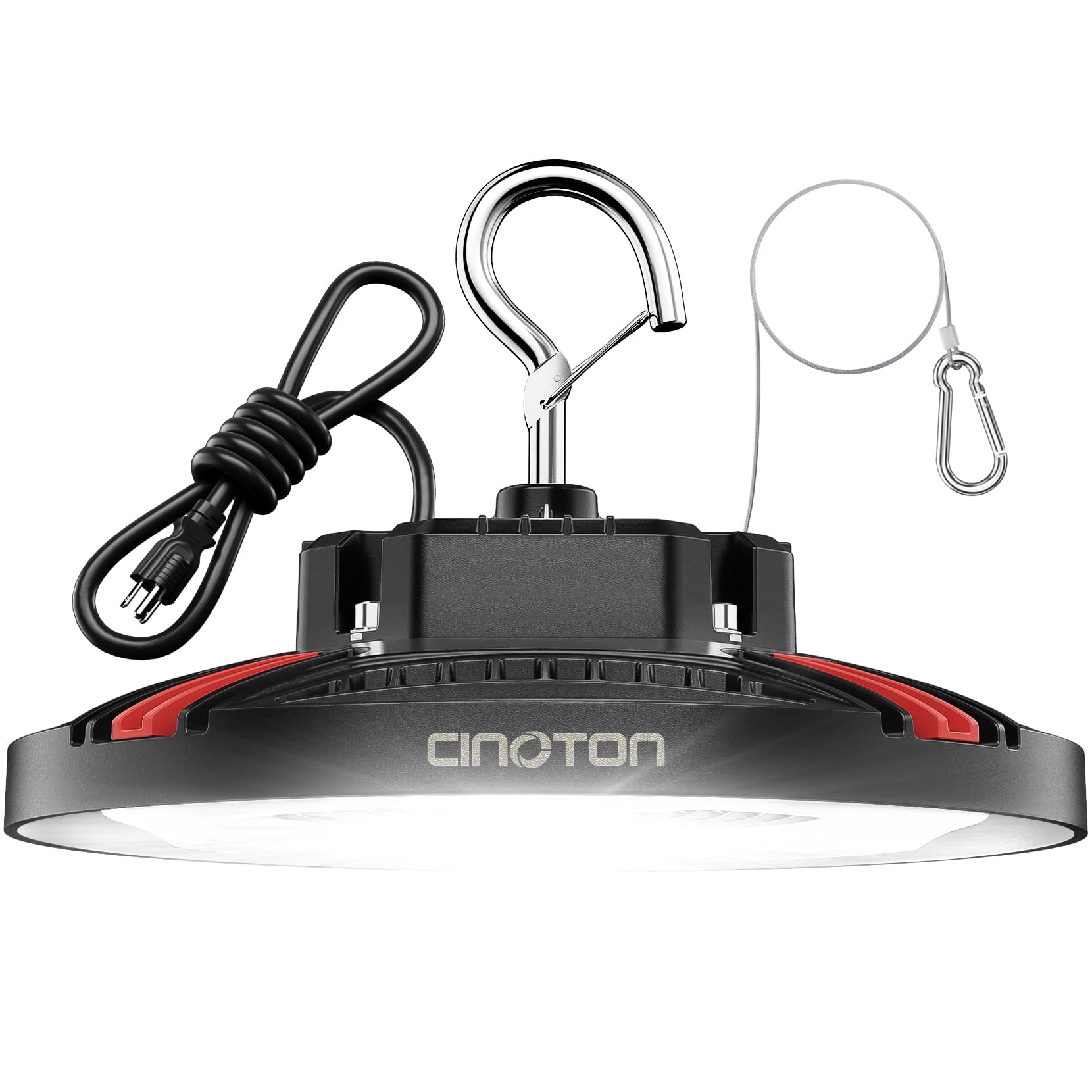 Cinoton 100W UFO high bay light, front view, delivers 15000 lumens for warehouses.