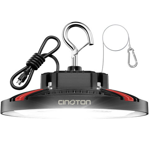 Cinoton 100W UFO high bay light, front view, delivers 15000 lumens for warehouses.