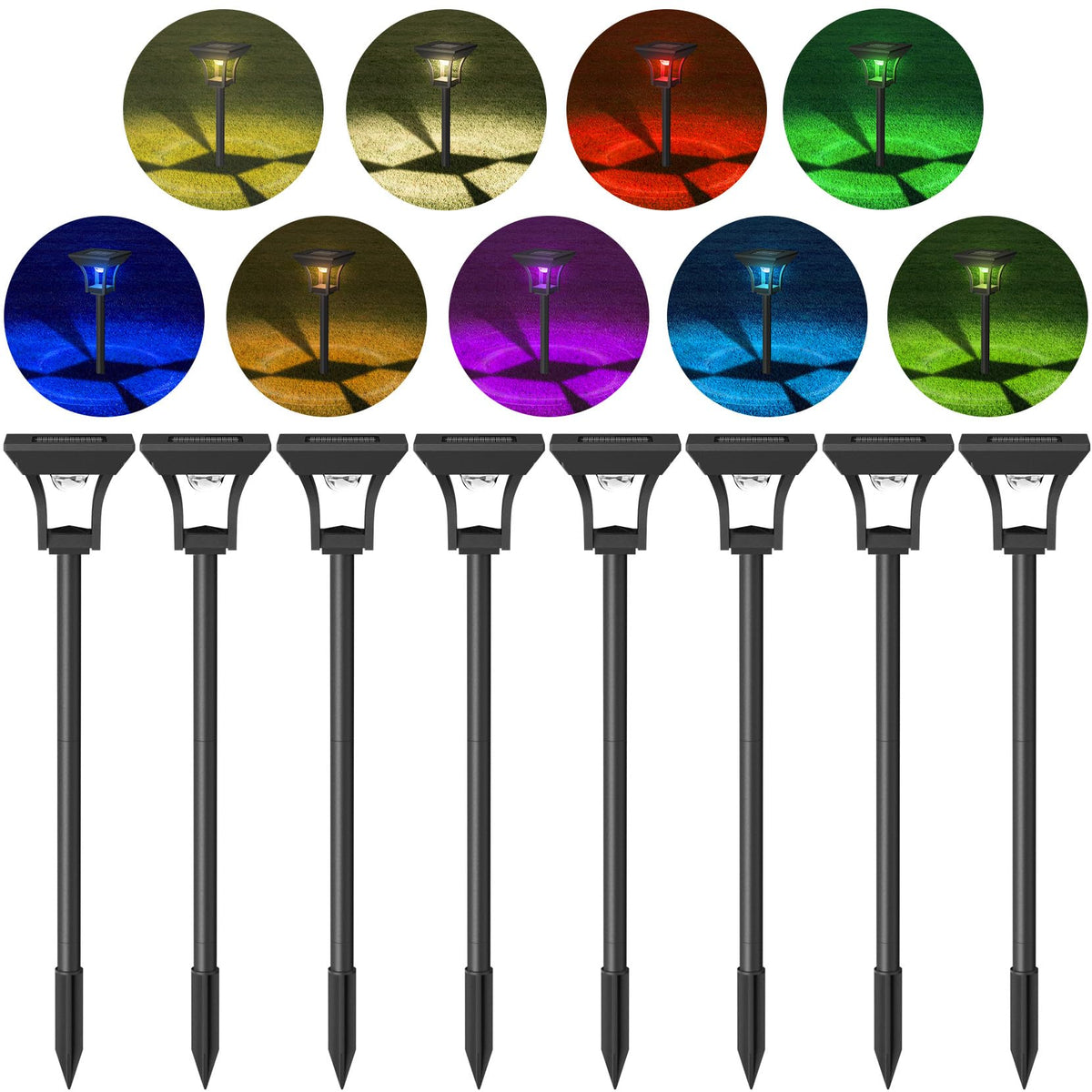 CINOTON RGBCW solar pathway light front view provides vibrant walkway illumination for outdoor evenings