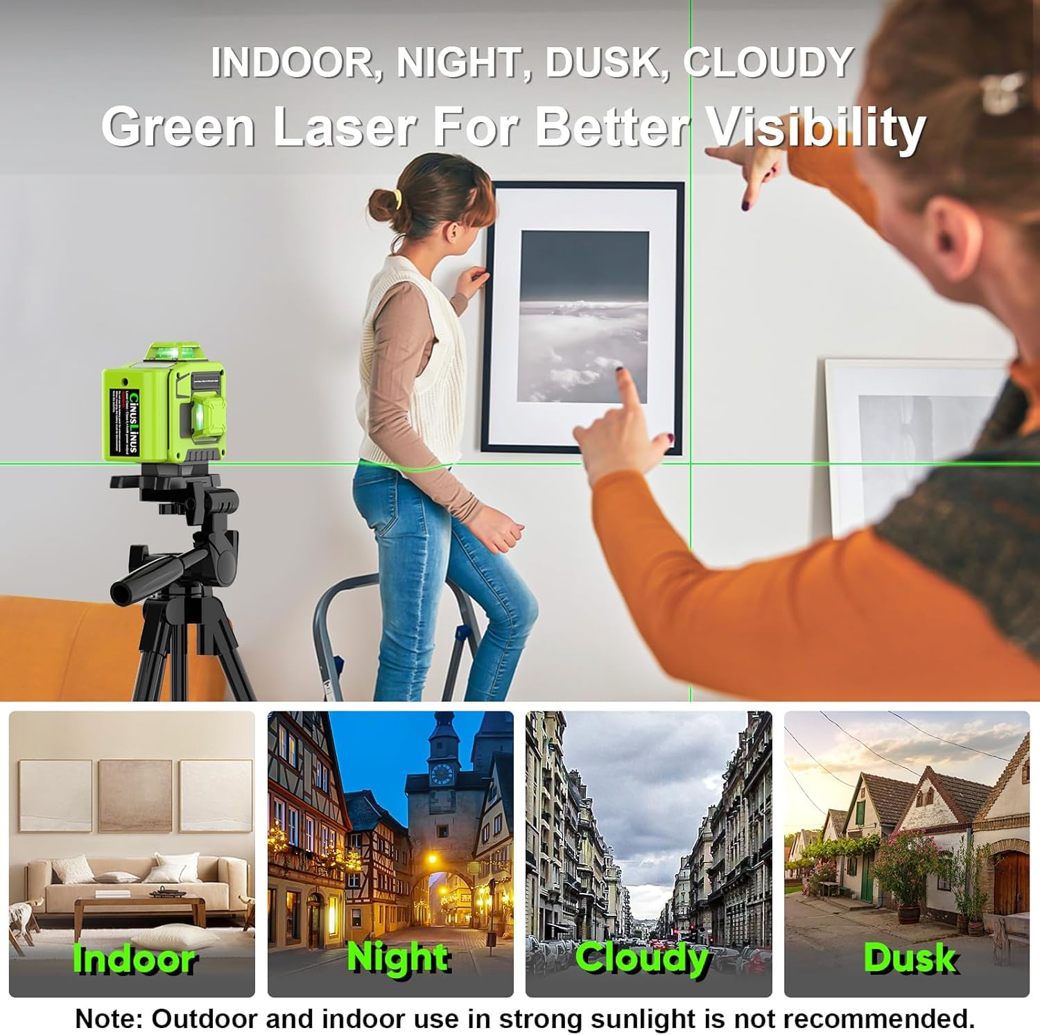 CinusLinus green laser beams provide clear visibility indoors.
