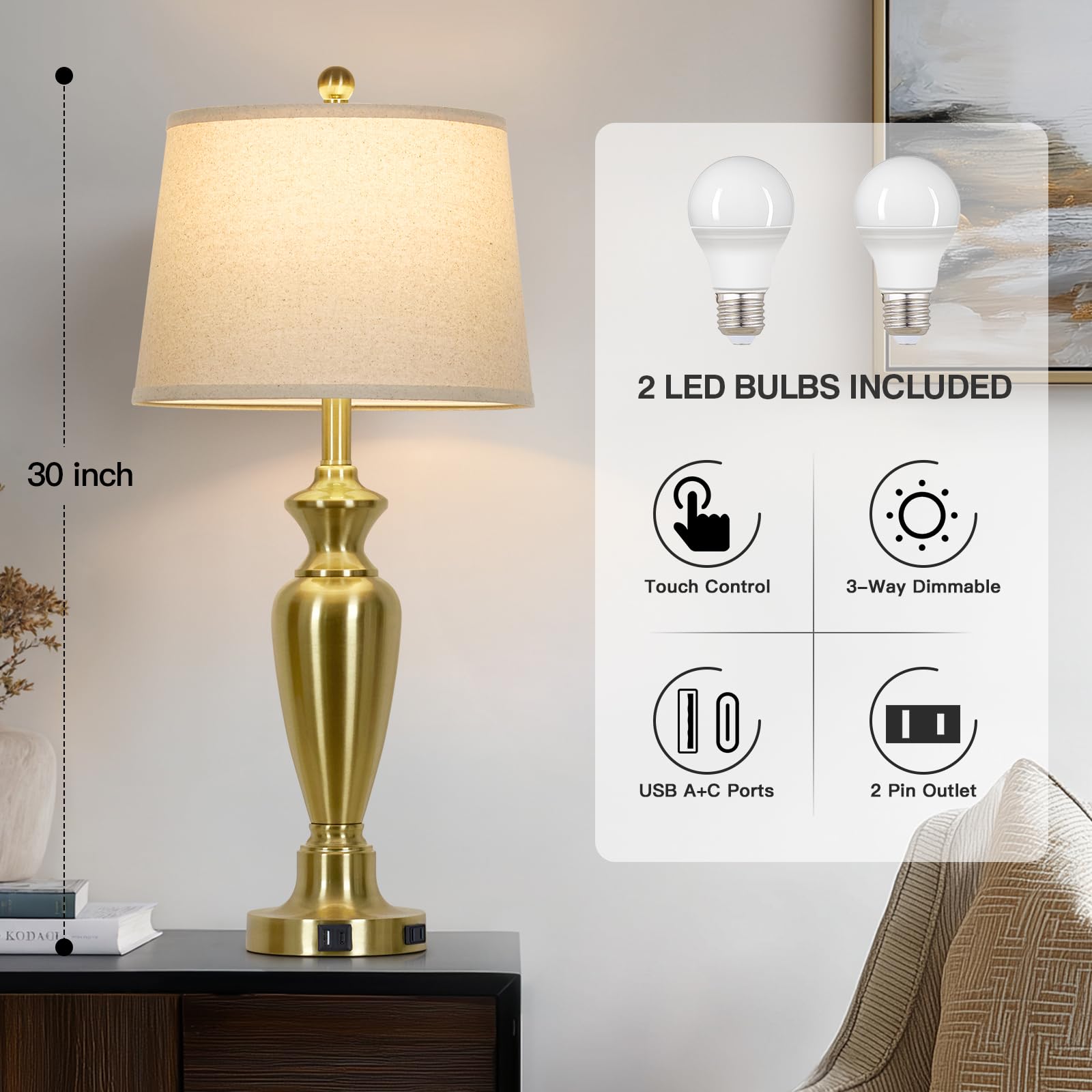 Cinyirong 30-inch tall gold table lamp side view highlighting sturdy brass base.