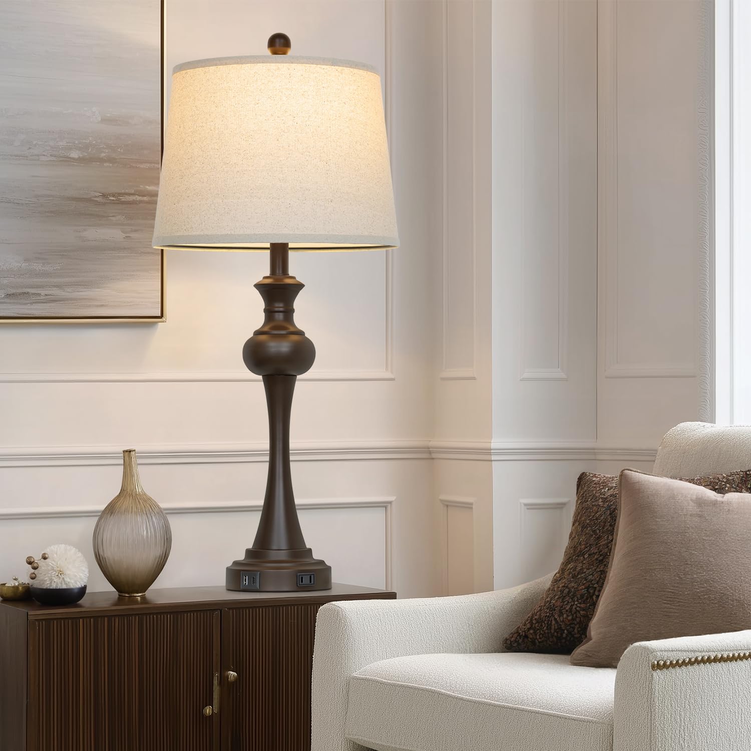 Cinyirong AC outlet on brown lamps enables convenient device charging.