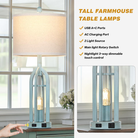 Cinyirong blue fabric shade table lamp adds cozy bedroom lighting
