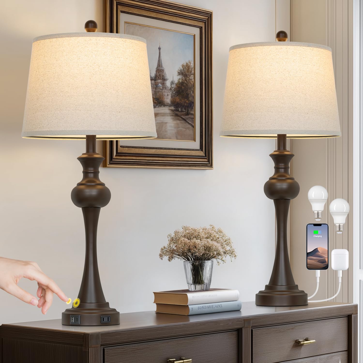 Cinyirong touch table lamps set of two with brown bases and beige shades provide ambient bedroom lighting.
