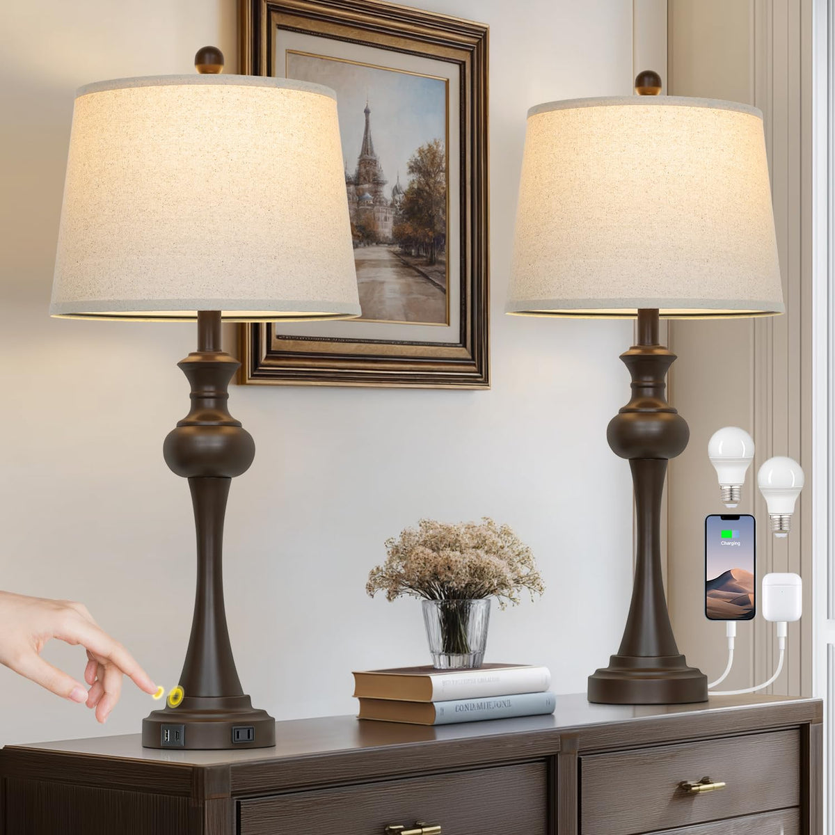Cinyirong touch table lamps set of two with brown bases and beige shades provide ambient bedroom lighting.