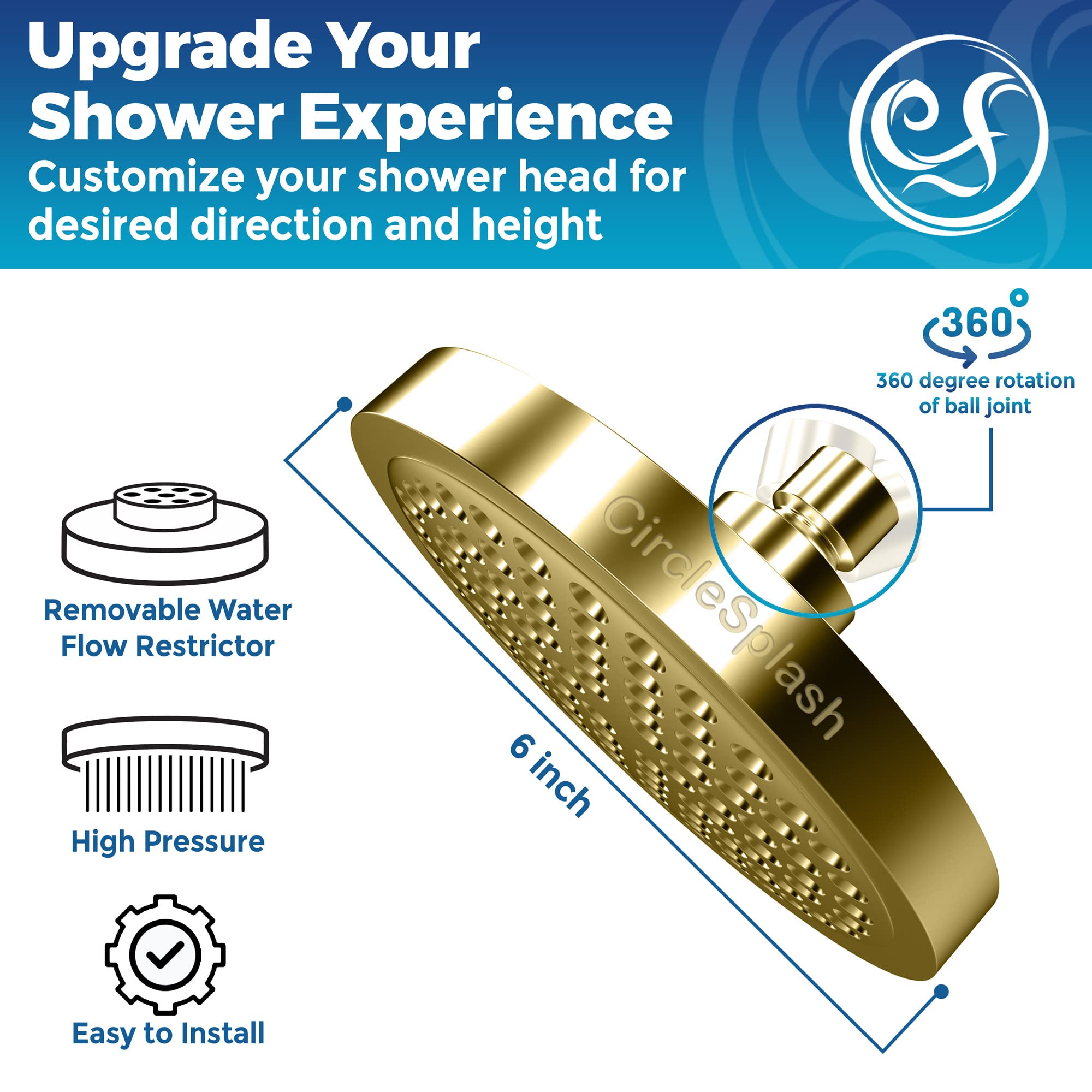 CircleSplash adjustable brass ball joint allows flexible shower alignment