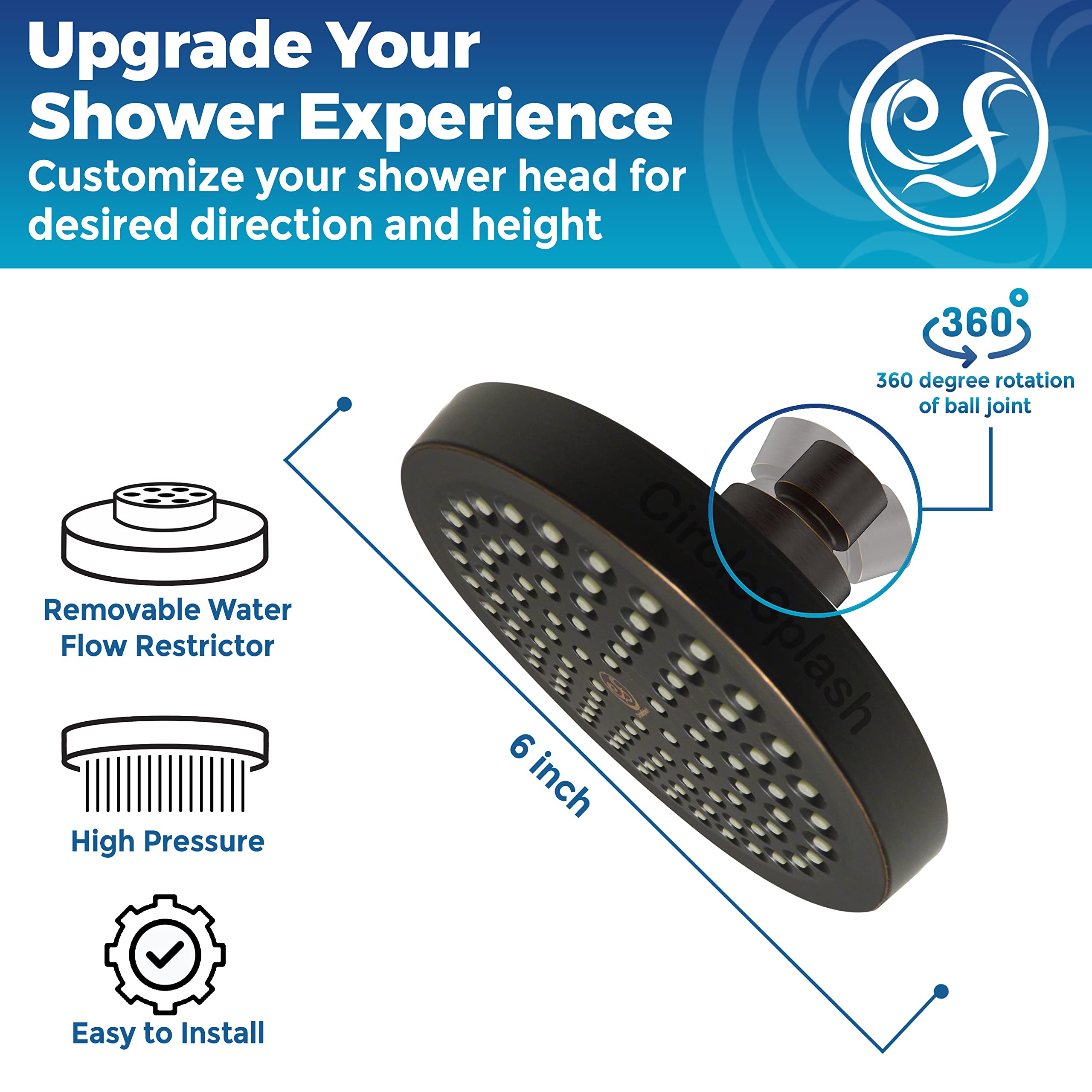 CircleSplash anti-clogging silicone nozzles reduce buildup for smoother showers.