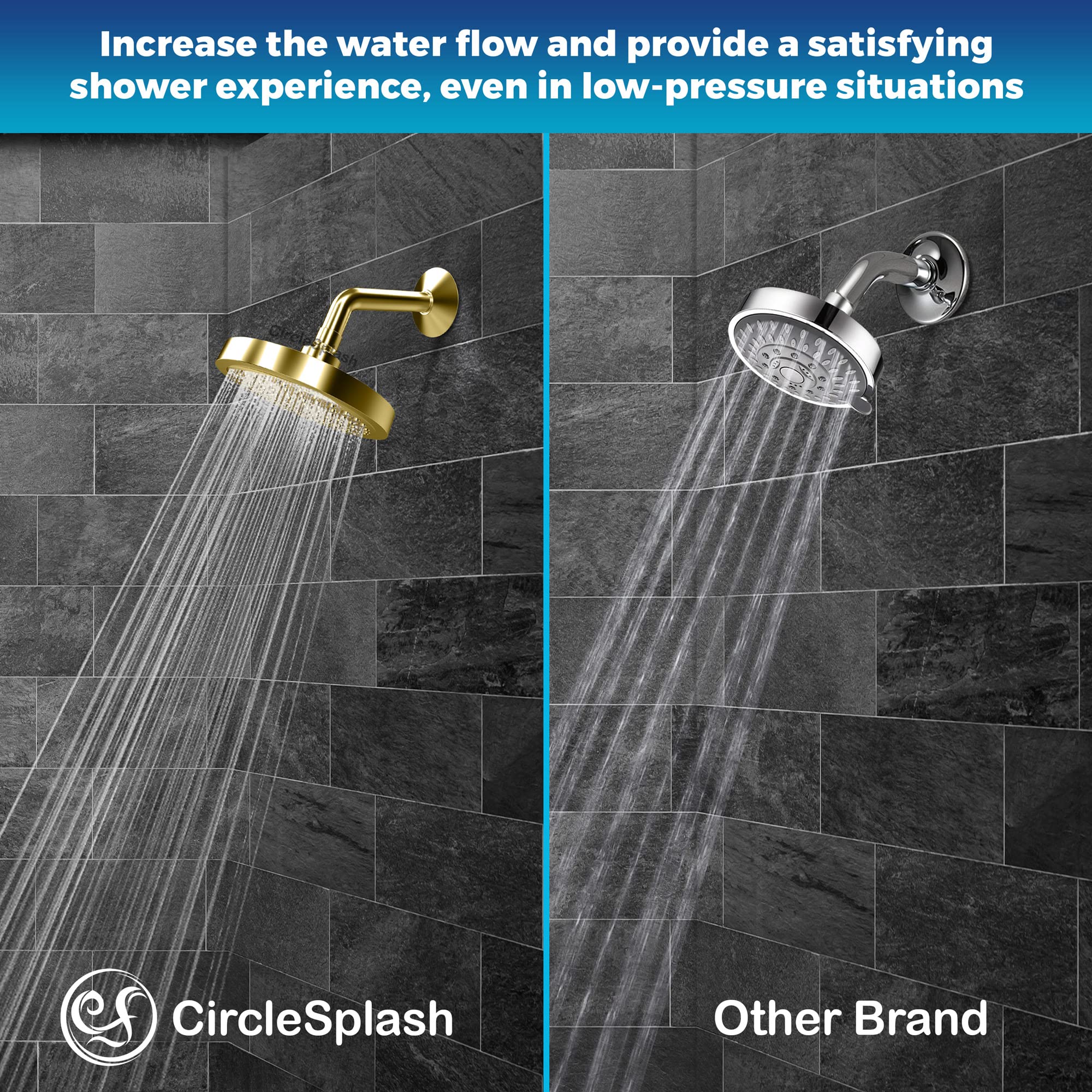 CircleSplash gold finish shower head adds luxurious bathroom accent