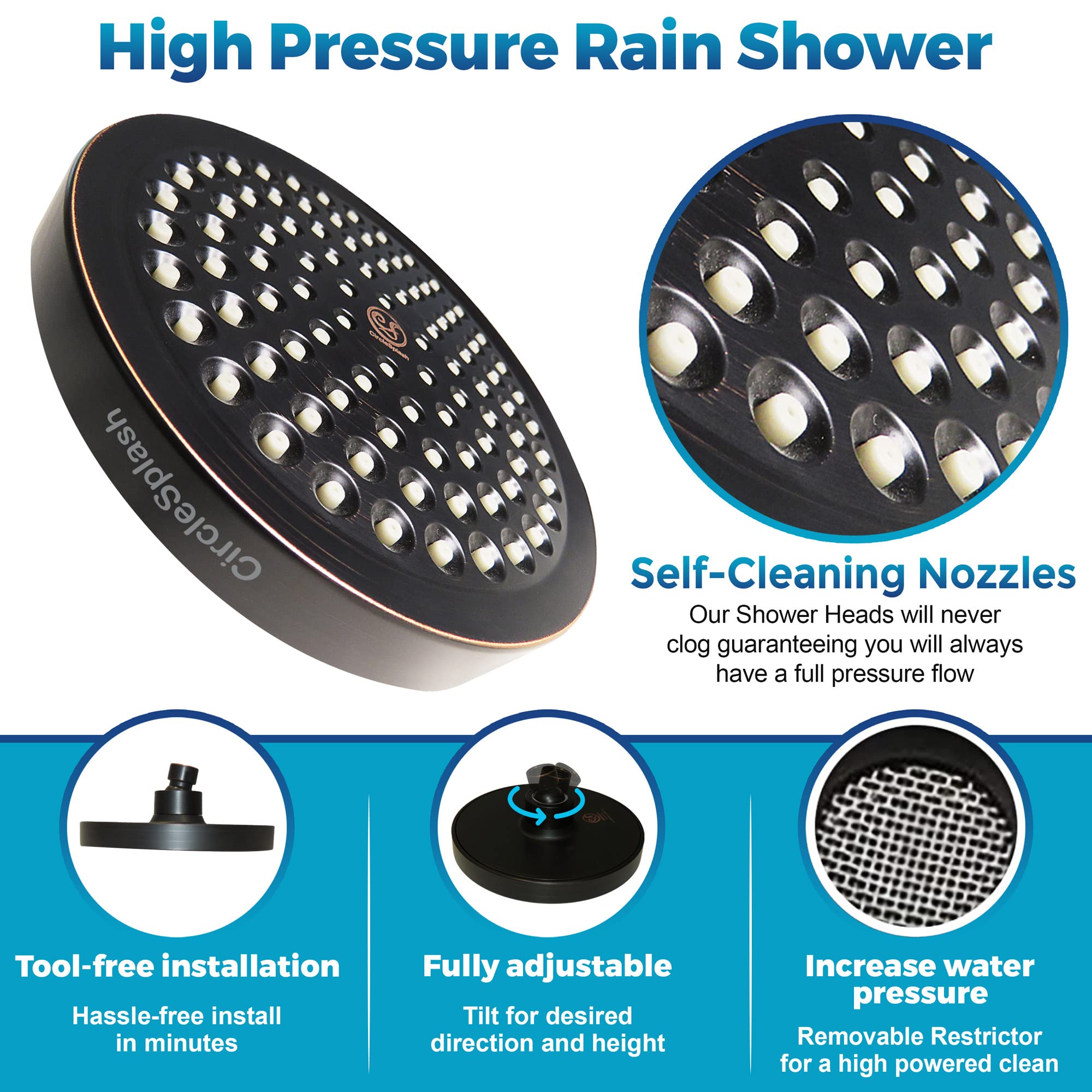 CircleSplash oil rubbed bronze finish enhances durability and bathroom style.