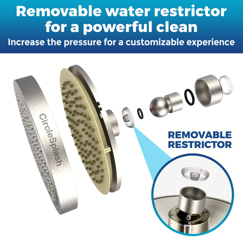 CircleSplash removable water restrictor for customizing spray pattern.