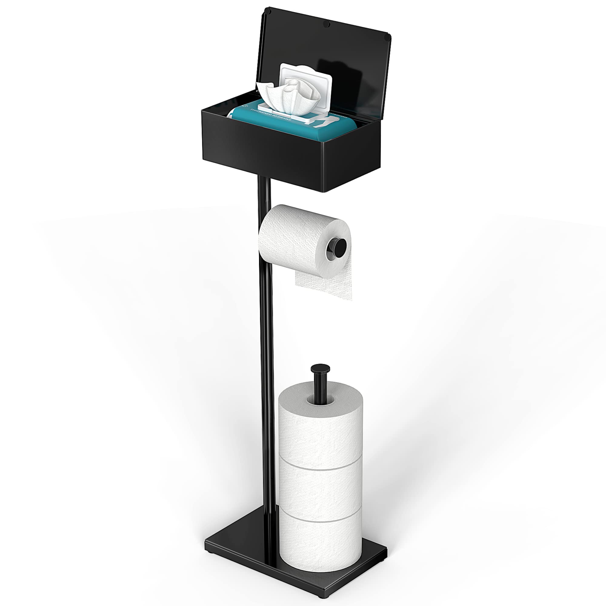 Cisily black toilet paper holder stand with storage shelf keeps bathroom tidy.