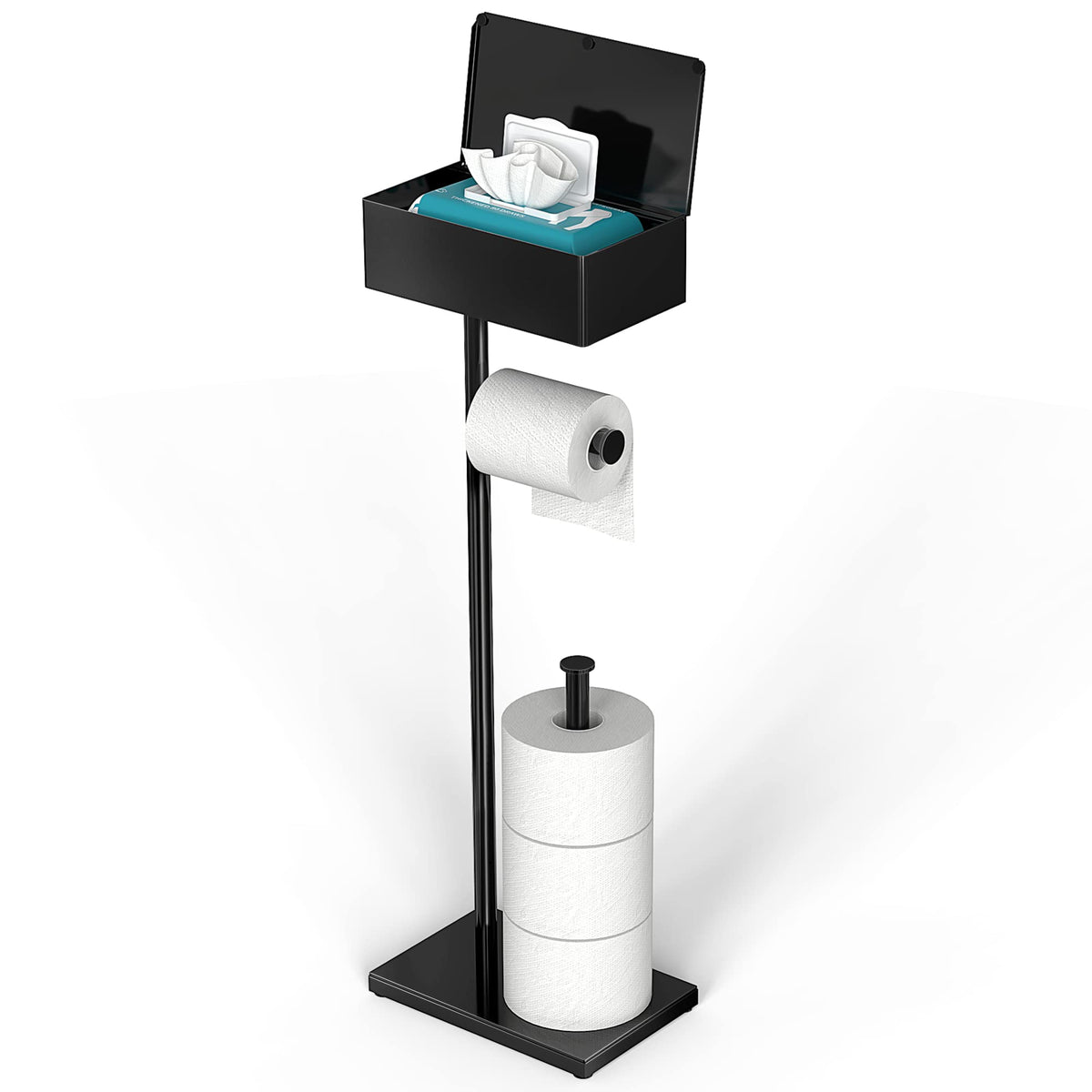 Cisily black toilet paper holder stand with storage shelf keeps bathroom tidy.