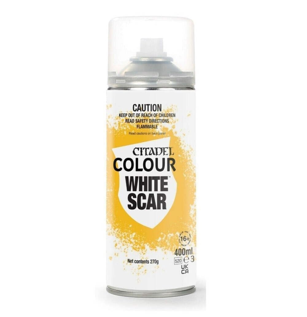 Citadel White Scar spray primer in a 10oz can for smooth base coats on miniatures.