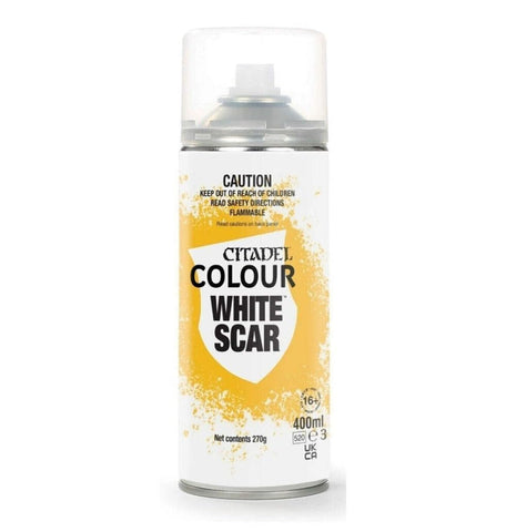 Citadel White Scar spray primer in a 10oz can for smooth base coats on miniatures.
