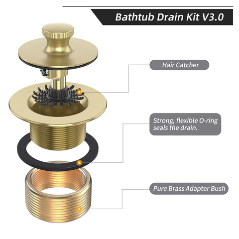 Citymoor brushed gold tub drain lift and turn mechanism enables easy operation.