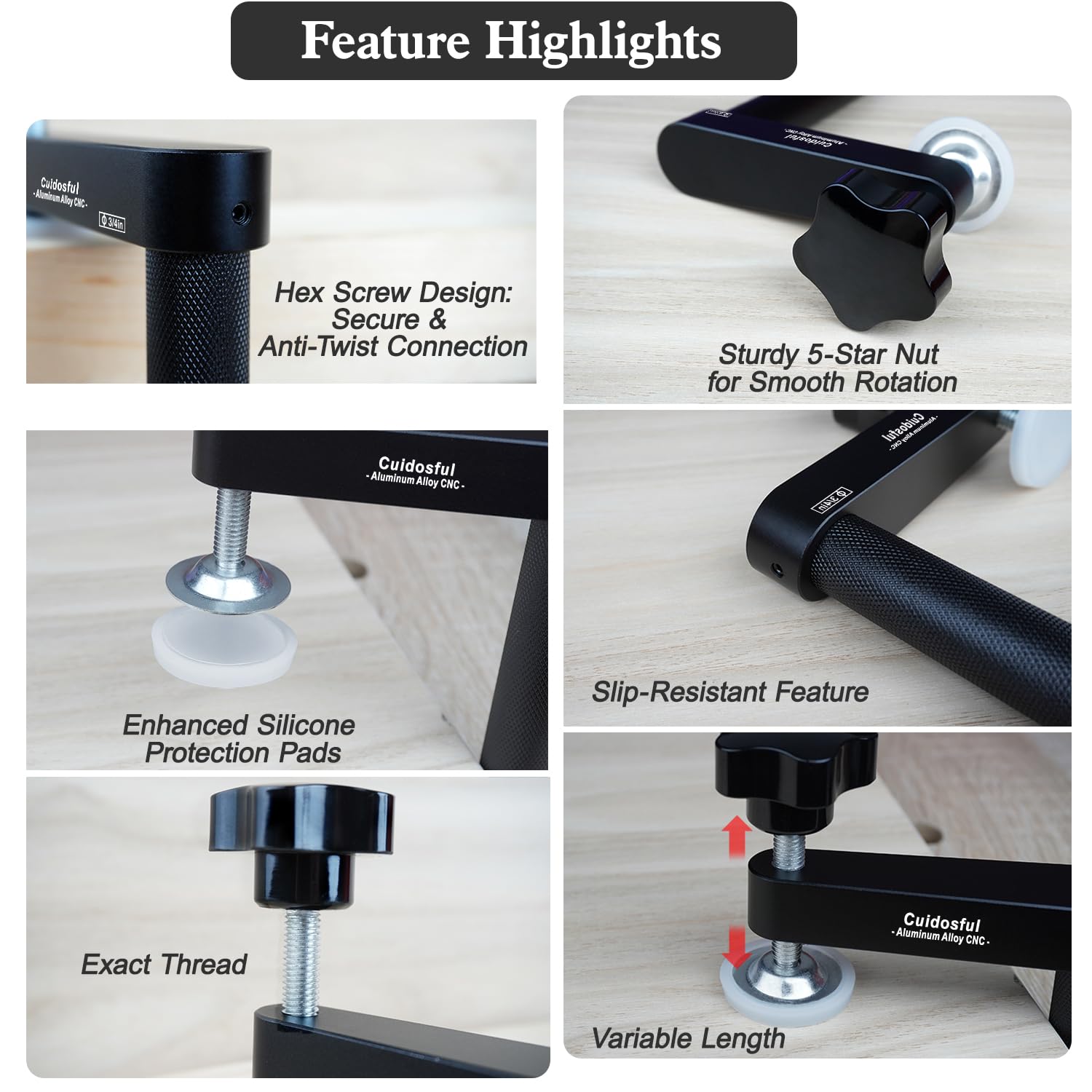 Cuidosful 3-4-in bench dog clamp mounted in 19mm hole for stability.