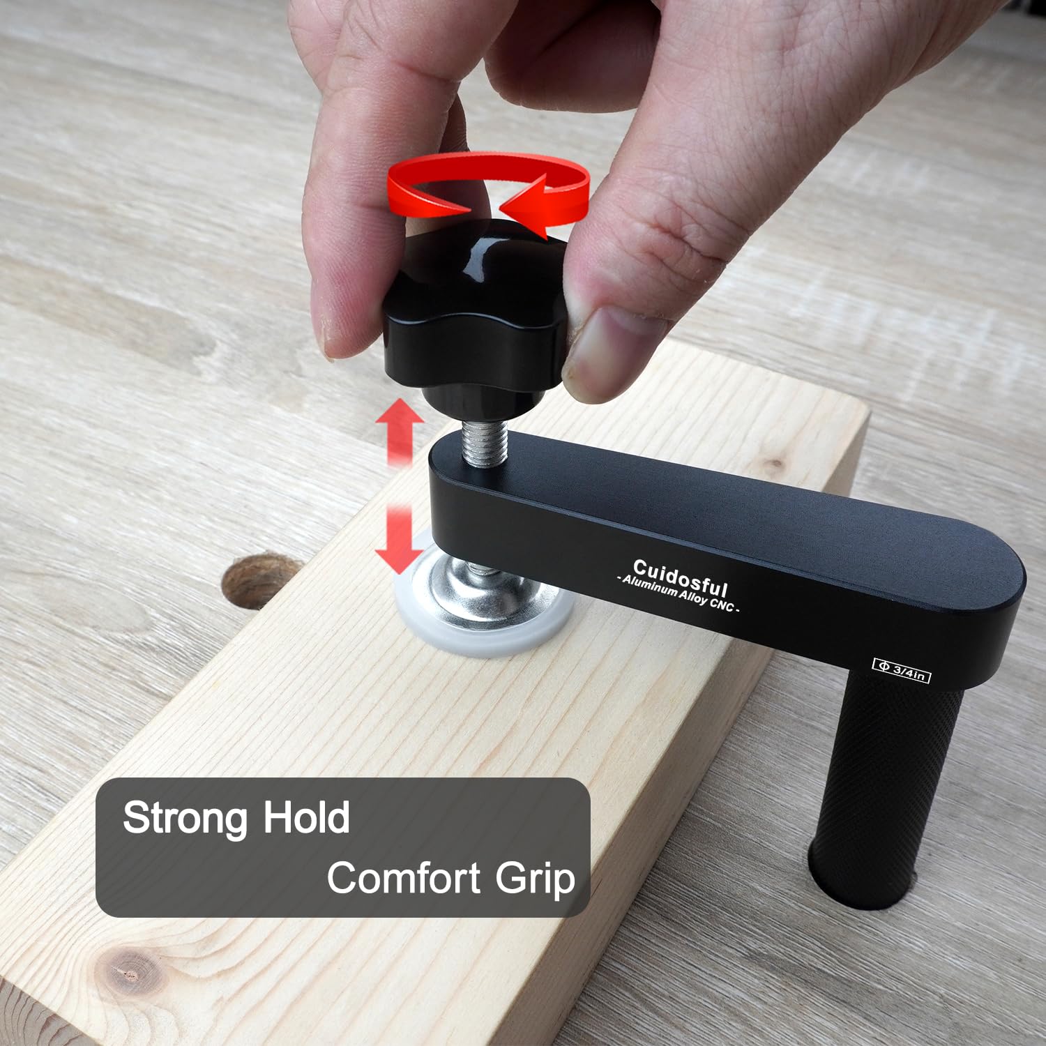 Cuidosful bench dog clamp maintains a secure hold during active clamping work.