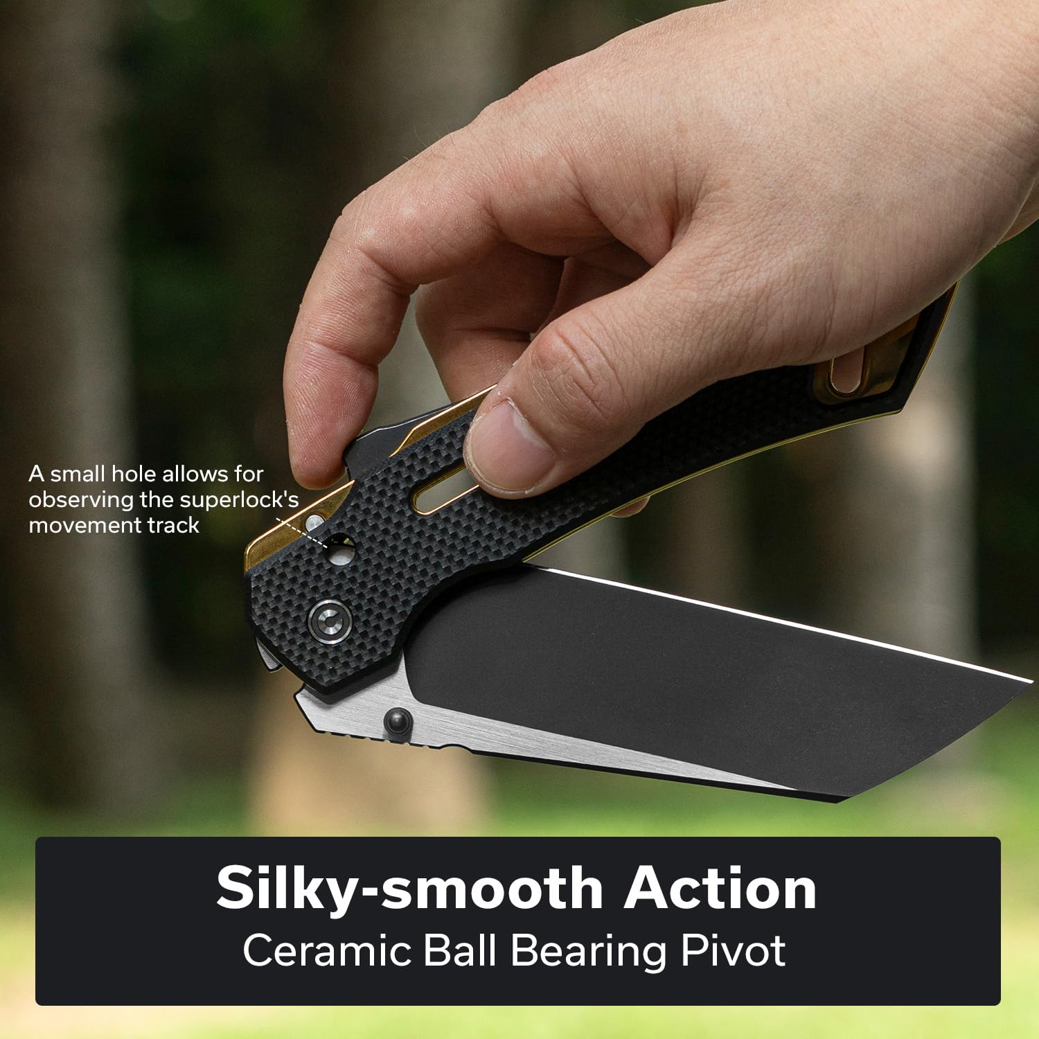 CIVIVI Buster FG ceramic ball bearing pivot enables smooth deployment.