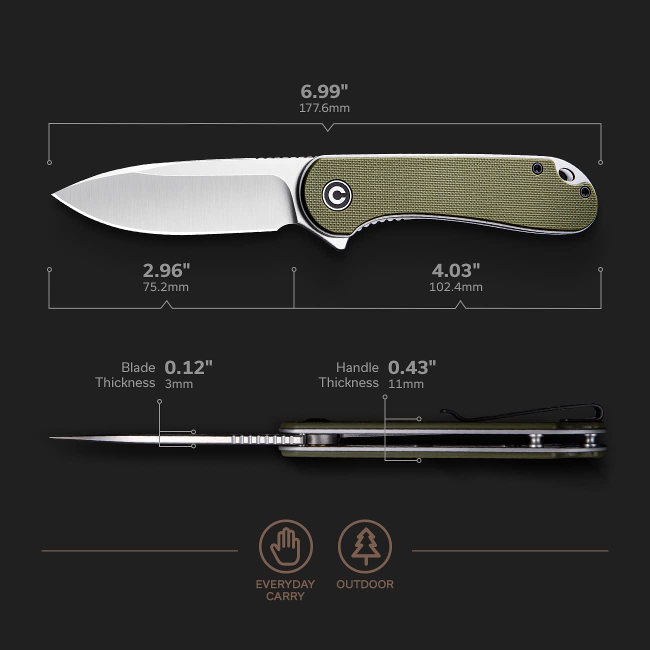 CIVIVI Elementum flipper action with ceramic bearings for smooth deployment.
