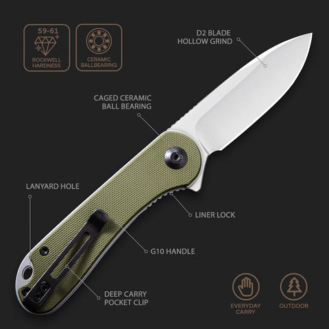 CIVIVI Elementum green G-10 handle texture for secure grip.