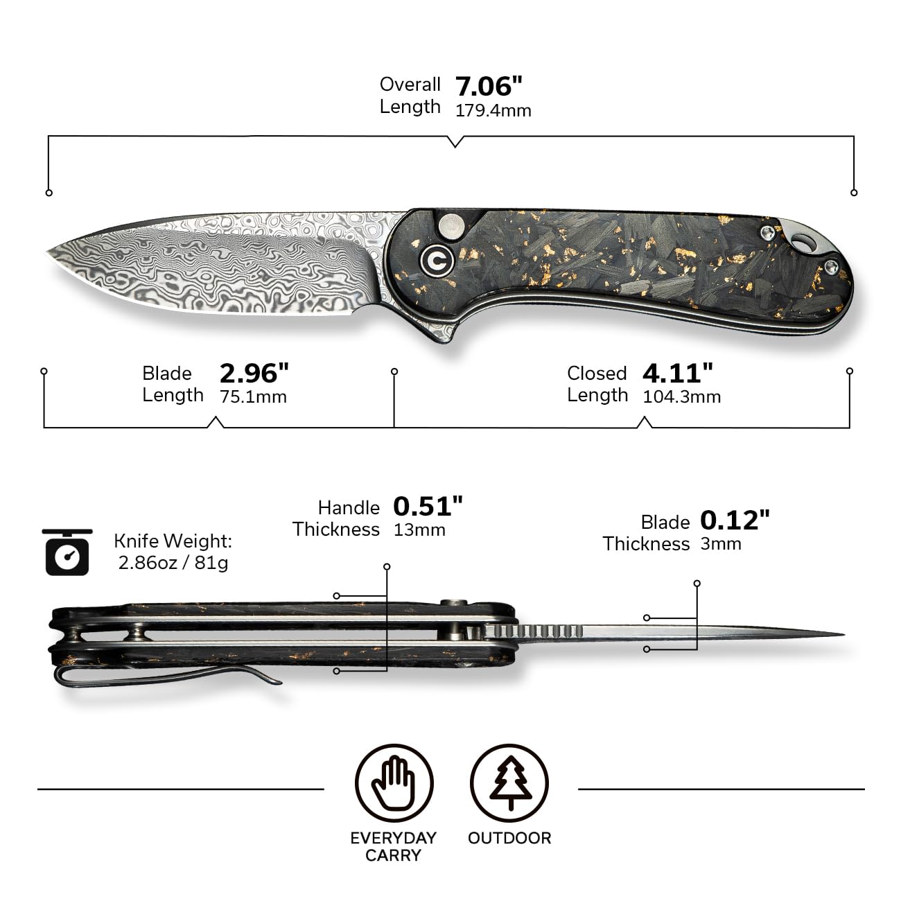 CIVIVI Elementum II closed pose image highlights compact design for deep-pocket concealment.