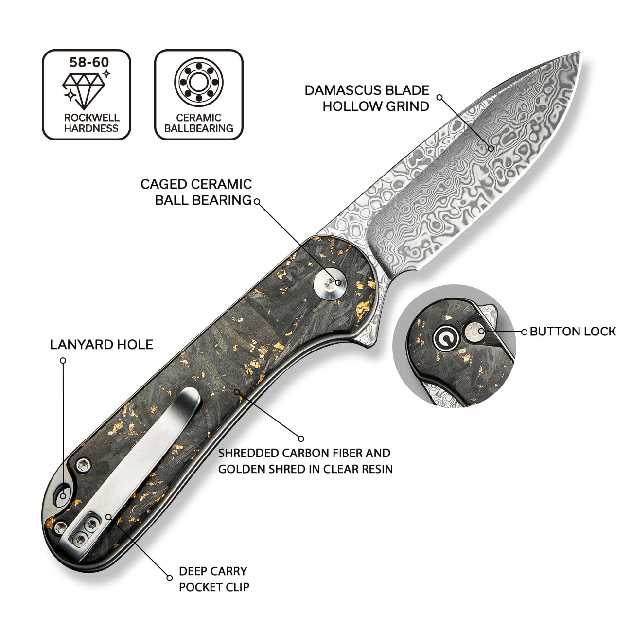 CIVIVI Elementum II lanyard hole and clip offer secure access and versatile carry options.