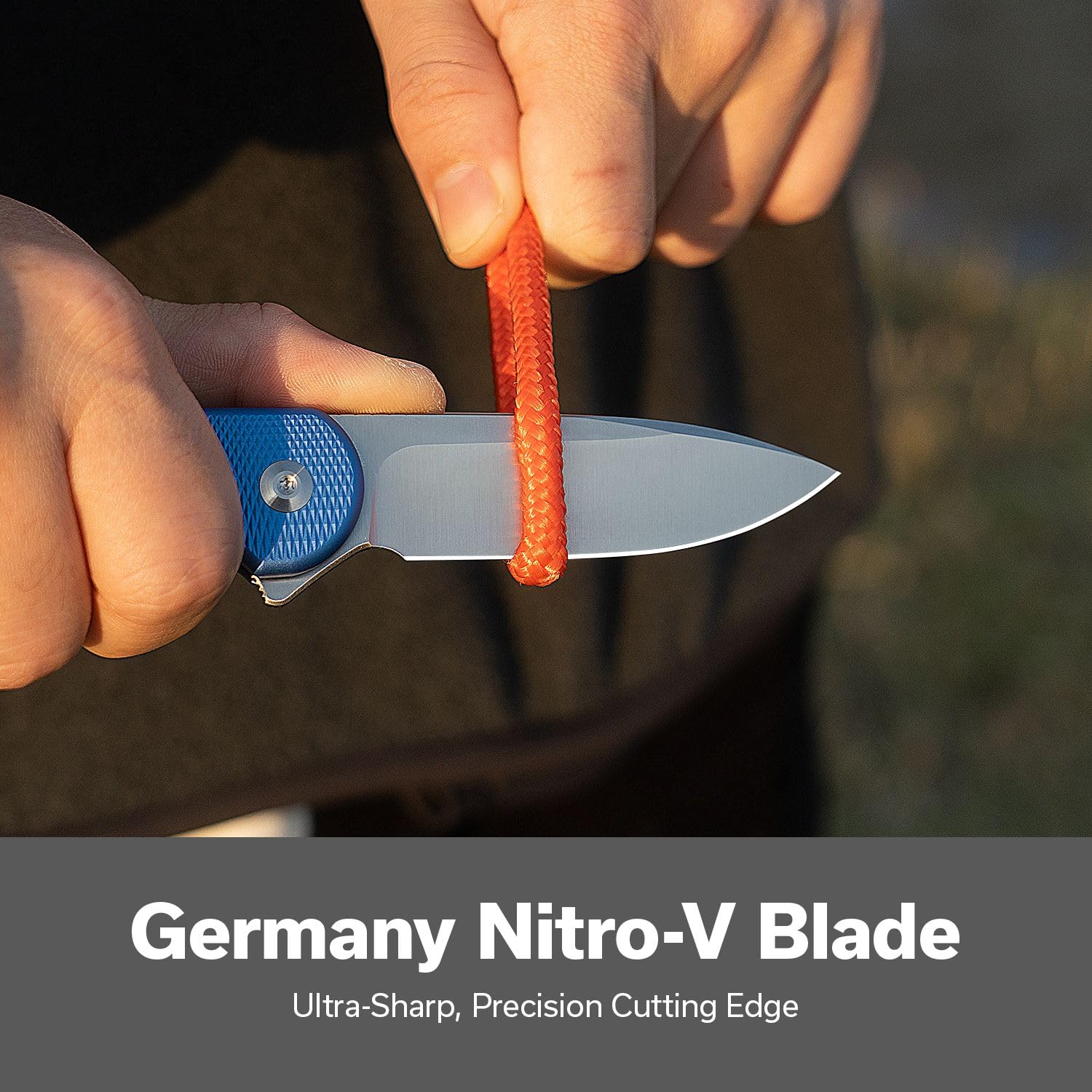 CIVIVI Elementum II knife blue textured aluminum handle for grip.