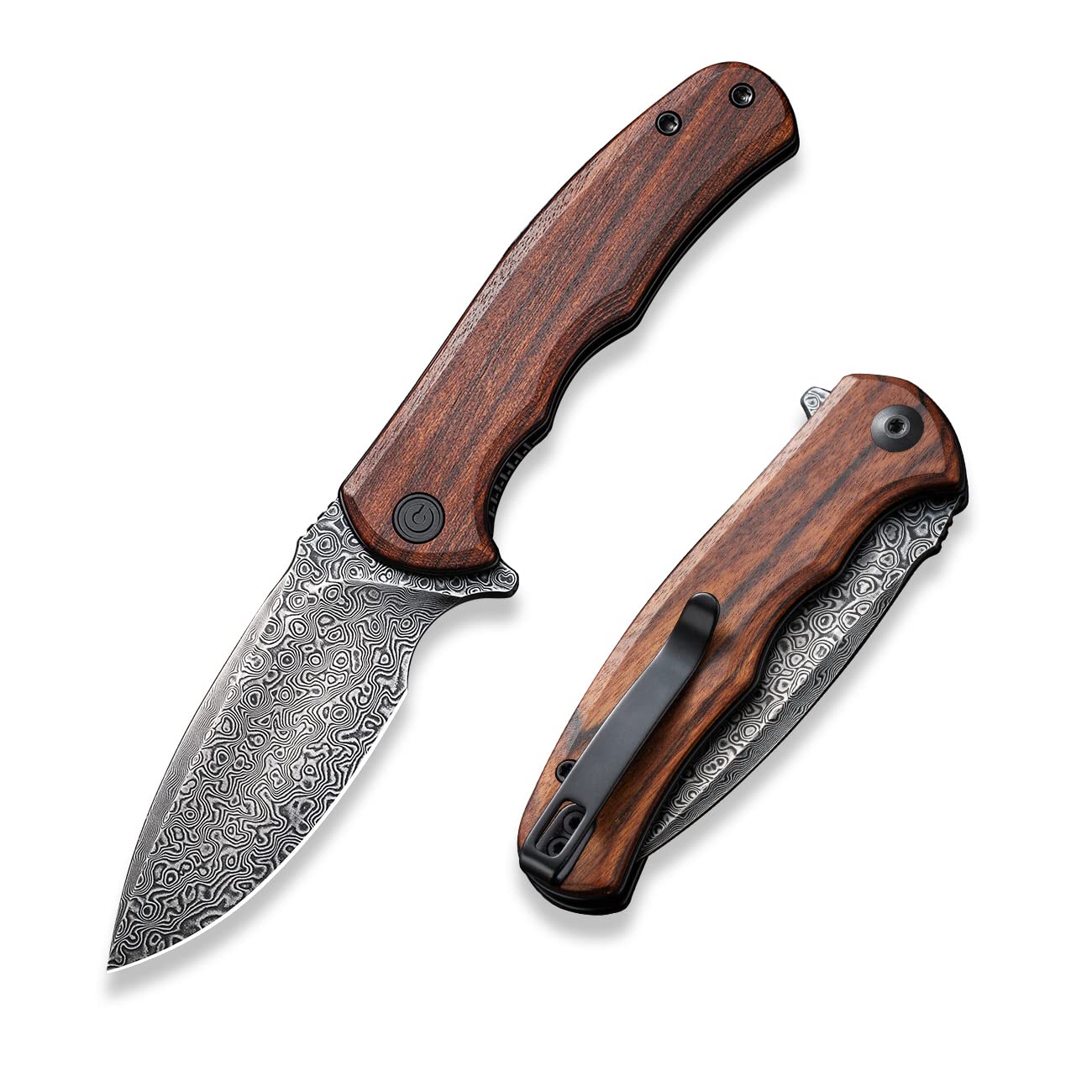 CIVIVI Mini Praxis with Damascus blade and Guibourtia wood handle for precise cuts.