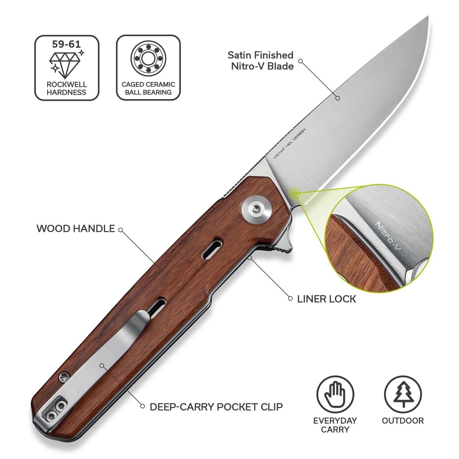 CIVIVI Navo knife wood grain texture adds premium feel and grip assurance.
