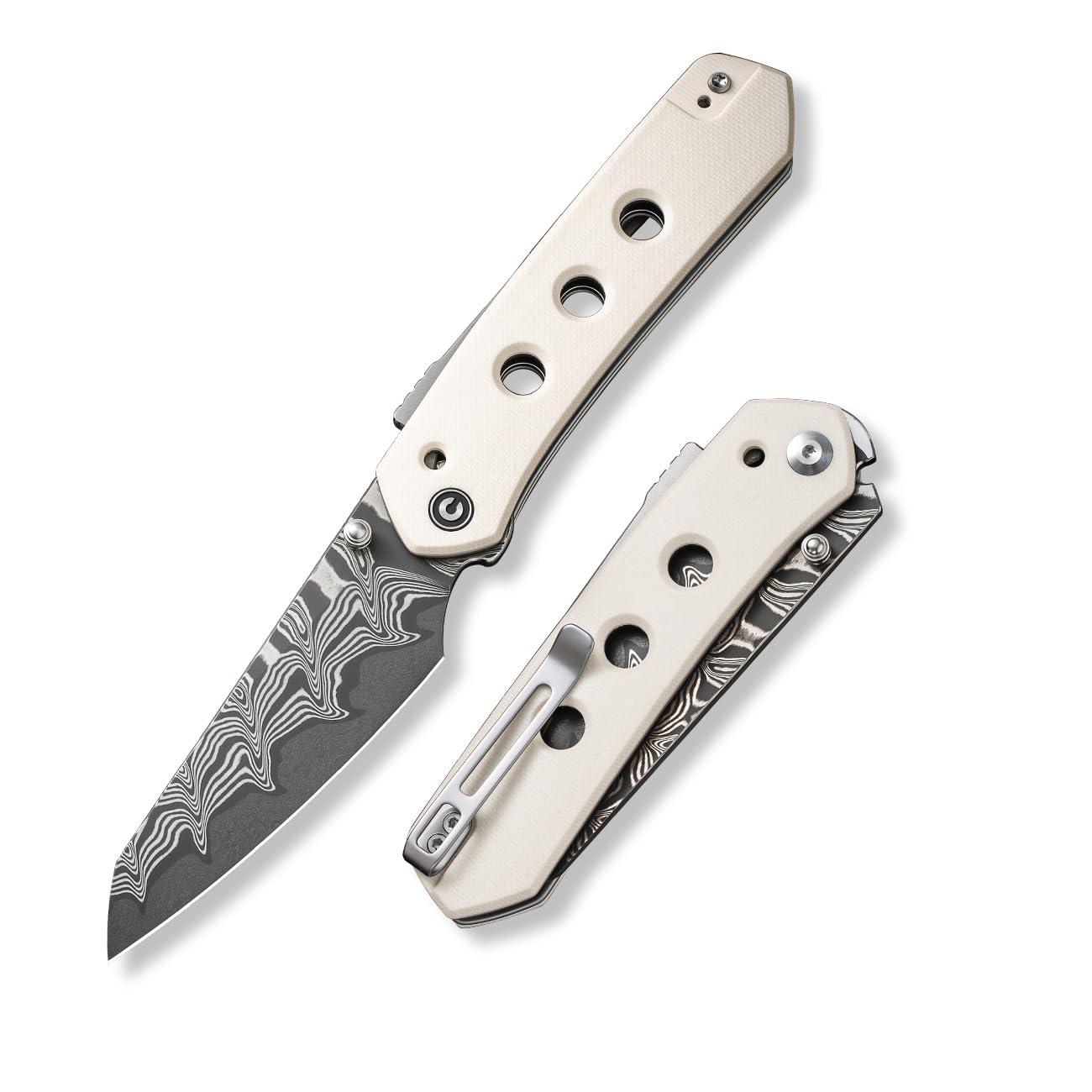 CIVIVI Vision FG knife Damascus blade close-up highlights sharp edge and corrosion resistance.