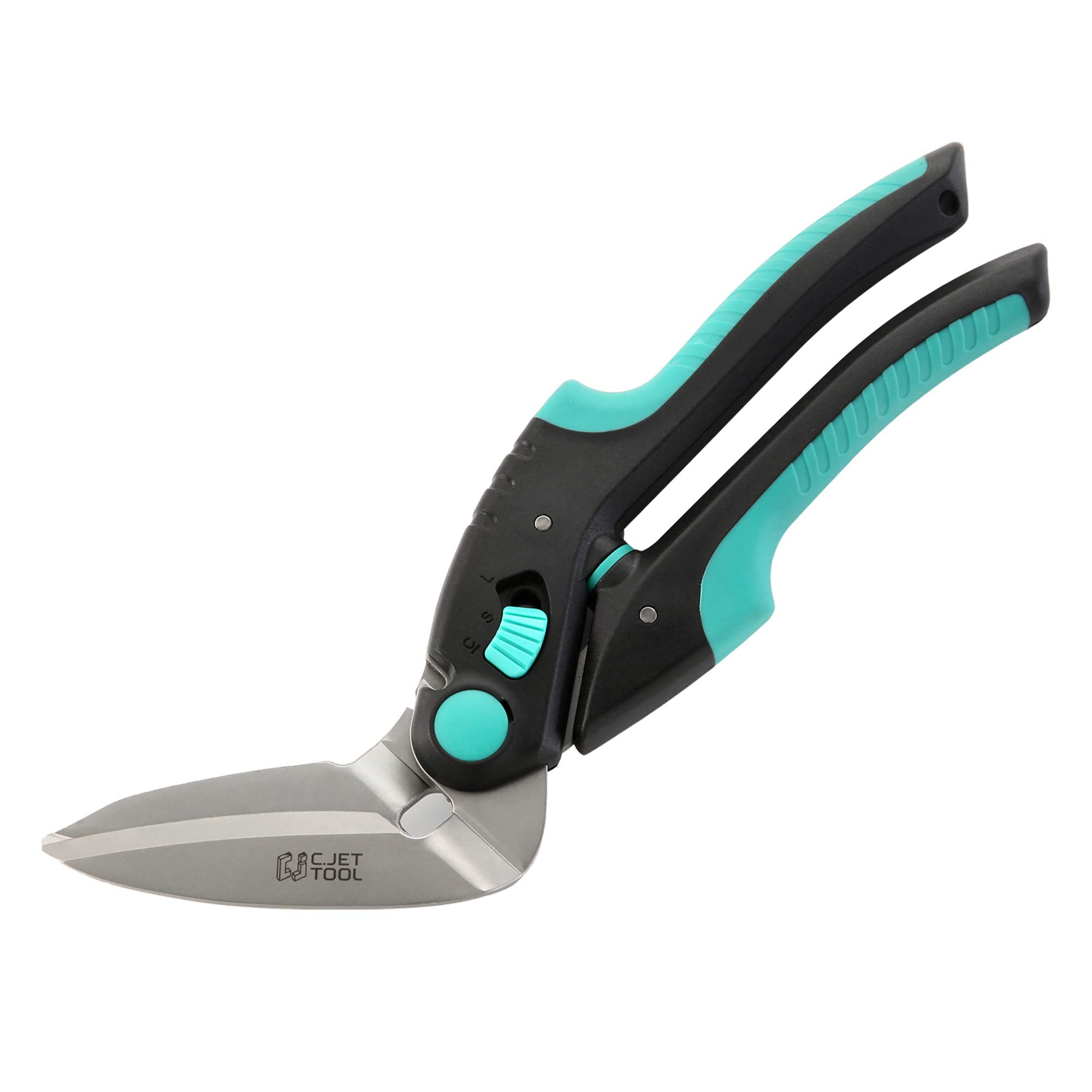 C.JET TOOL 10in heavy-duty carpet cutter turquoise handle showing precise carpet cutting
