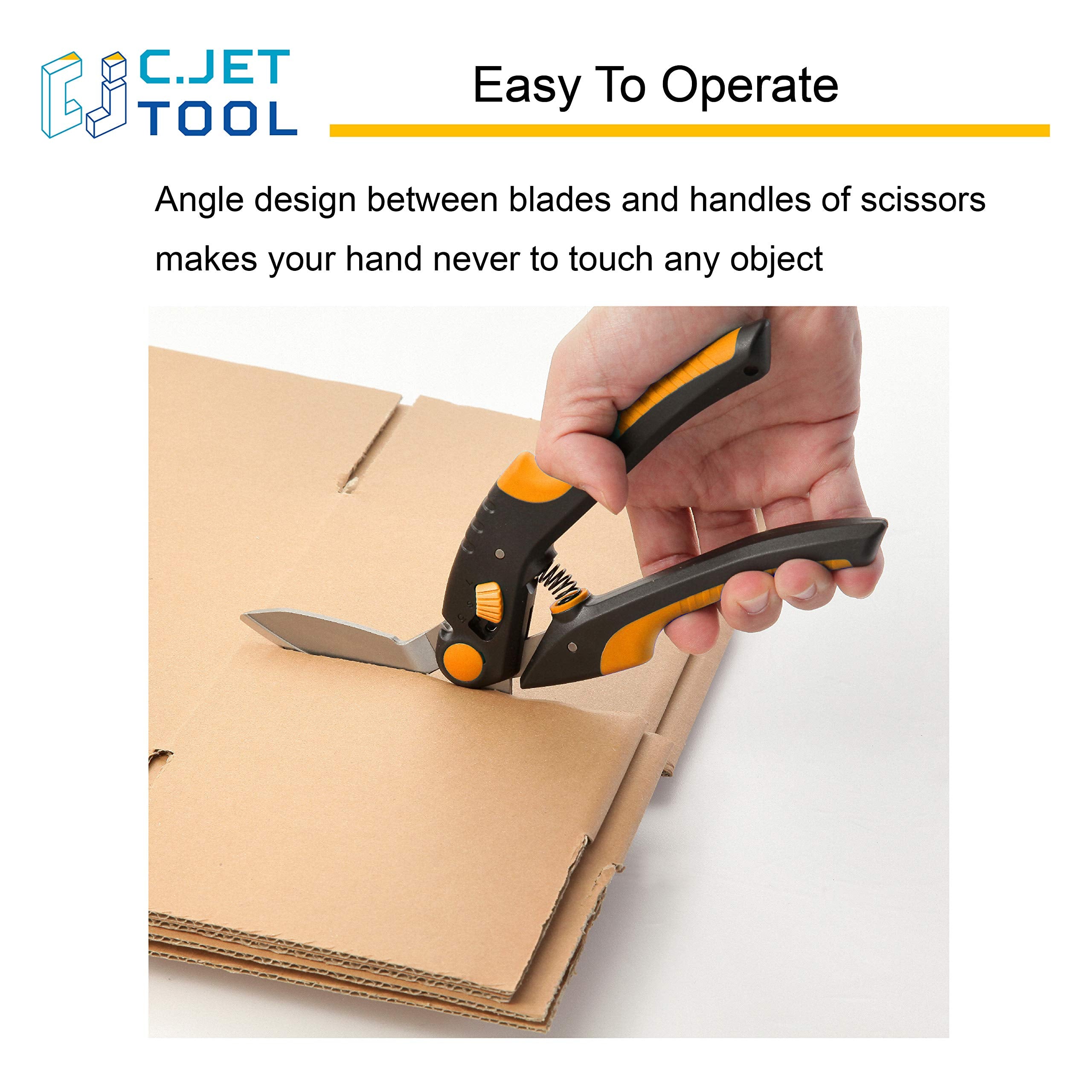 C.JET TOOL 10-Inch Scissors cutting cardboard demonstrates versatility