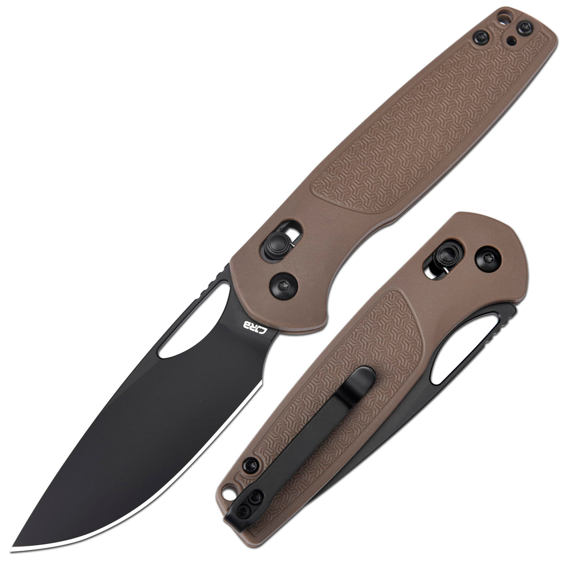 CJRB Acacia pocket knife blade closeup with black PVD finish for edge resilience