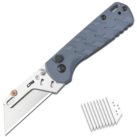 CJRB Boxer blue G10 handle close-up showing ergonomic grip