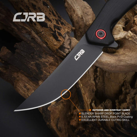 CJRB Gobi knife showing textured G10 handle for secure grip.