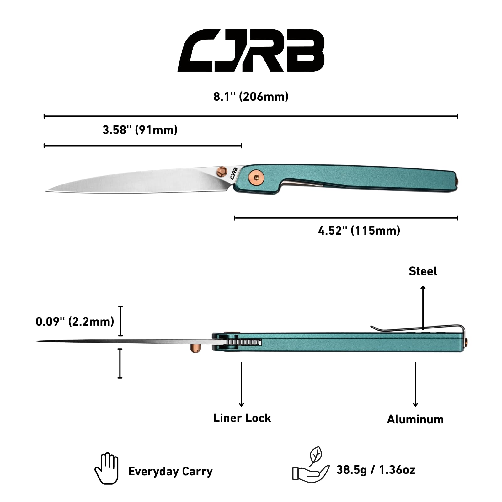 CJRB Lanky EDC knife pocket clip shown for easy on the go access.