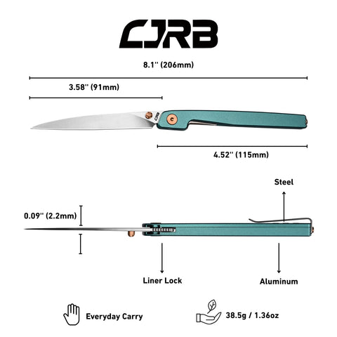 CJRB Lanky EDC knife pocket clip shown for easy on the go access.