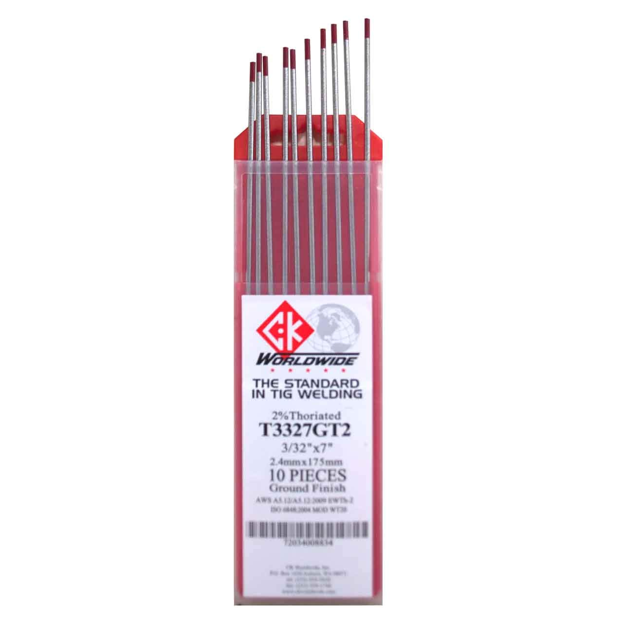 CK Worldwide 2% Thoriated tungsten electrode 3/32 inch tip for reliable DC arc starts and high-current welding
